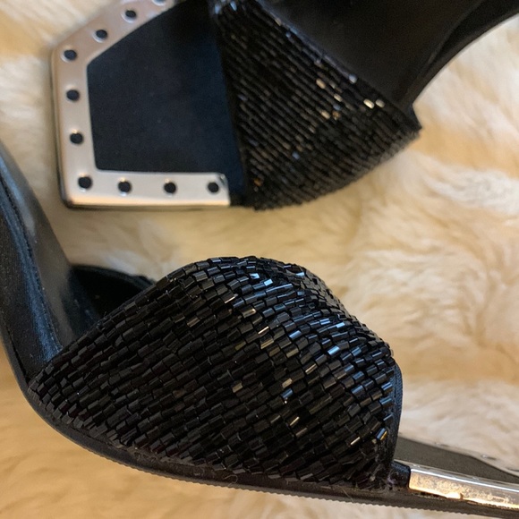 Pierre Dumas jewelled silver heel black beaded kitten slides heels 7 - Picture 11 of 11